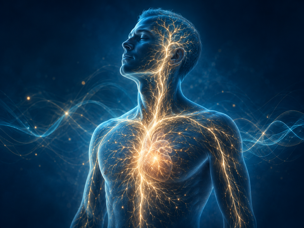 Human figure illuminated by bioelectric energy pathways