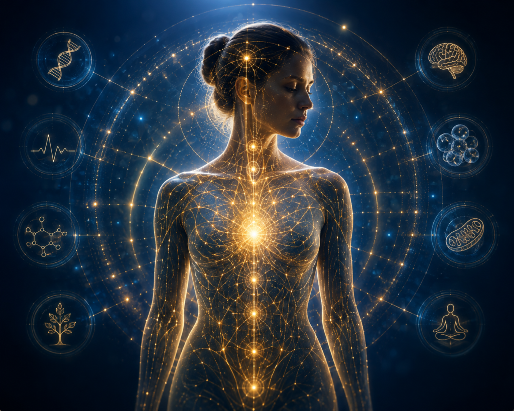 Individual surrounded by personalized bioelectric and cellular health pathways